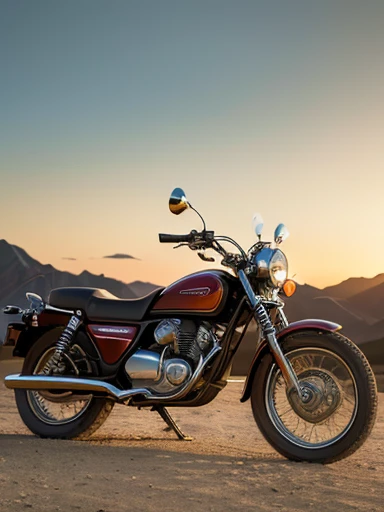 masterpiece, best quality, cinematic photo of classic, honda motorcycle, vintage car, glossy surface, wild west background, sunset, high resolution, photograph, film, highres