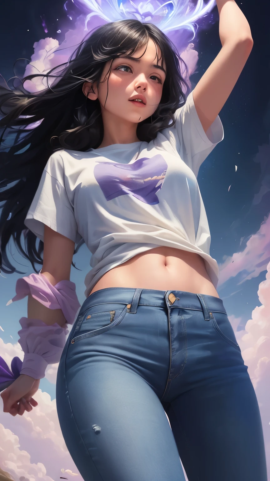 ((best quality)), ((masterpiece)), (detailed), A digital illustration of a black haired girl being lifted in the air by purple negative energy, representing inner turmoil and pain. She is wearing a white t-shirt and blue jeans.
