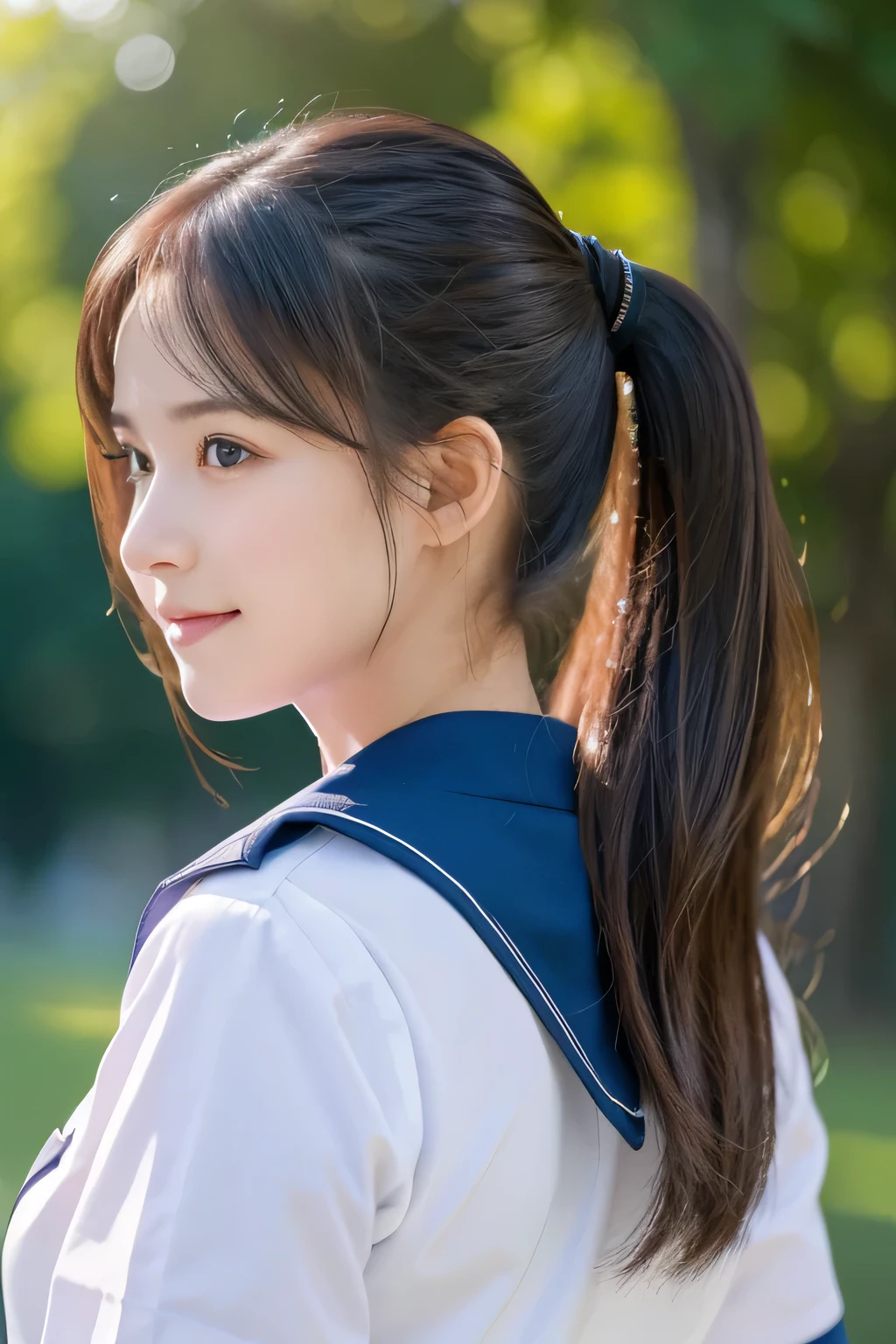 Top quality, 1 beautiful woman, Sunlight, ((masterpiece, Highest quality, High resolution)), (look back:1.3), 1 girl, smile, (Realistic: 1.4), Great face, 17years old, ponytail, (Beautiful Hair:1.5), Sailor suit, The background is a school building, Side angle, (Close-up of face:1.3), Smooth, Highly detailed CG composite 8K wallpaper, High resolution RAW color photos, Professional photography, Light, BackLight, dream-like, impressive, Written boundary depth
