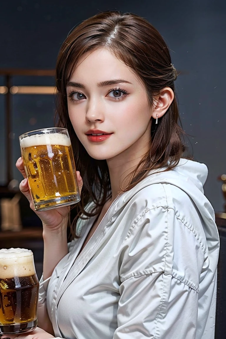 (Preserve face images), Cowboy Shot、Golden Ratio、(((drinking a glass of beer)))、Beer bottles on the table、Pale face:1.3、Super thin face:1.3, (very big eyes:1.5)、 (blown eyes:1.5), master piece、8k, {highest quality}, {{masterpiece}}, {very delicate and beautiful}, outstanding light and shadow, highly detailed wallpaper, Night Background, (((Full body))), 1 girl, blush、(薄い茶Farbeの髪), Wet hair after a shower、(窓の外はNight Background:1.5), Farbe々A pose:1.5, necklace、ring、earrings、BREAK (( (Stylish home living room), Wearing an oversized white bathrobe ):1.3) ,(Toothless smile:1,5), 窓の外はNight Background:1.5