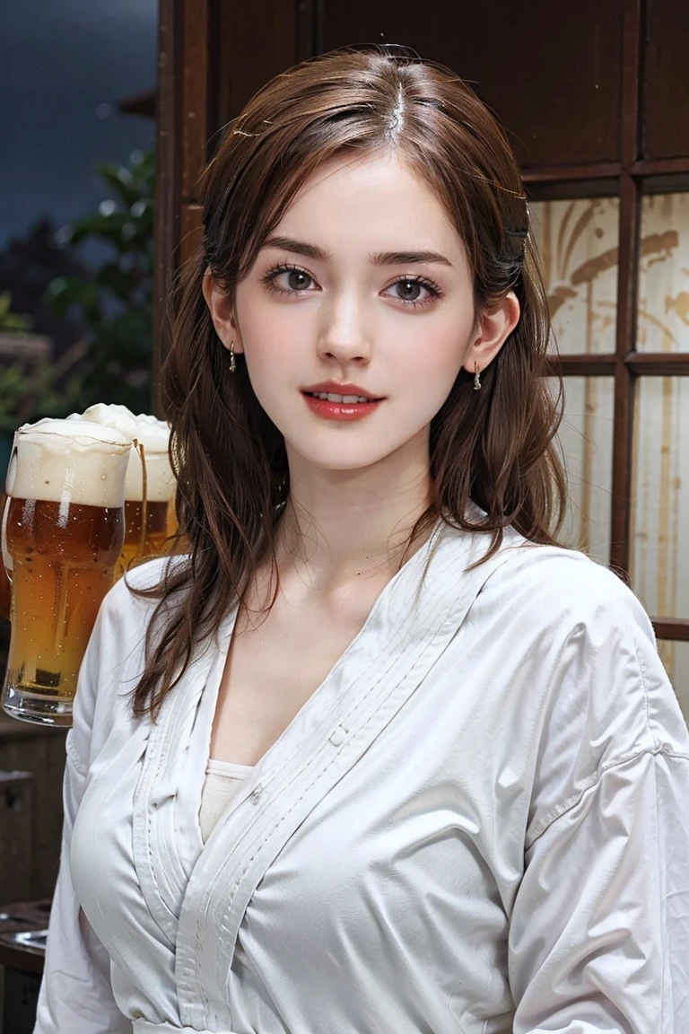 (Preserve face images), Cowboy Shot、Golden Ratio、(((drinking a glass of beer)))、Beer bottles on the table、Pale face:1.3、Super thin face:1.3, (very big eyes:1.5)、 (blown eyes:1.5), master piece、8k, {highest quality}, {{masterpiece}}, {very delicate and beautiful}, outstanding light and shadow, highly detailed wallpaper, Night Background, (((Full body))), 1 girl, blush、(薄い茶Farbeの髪), Wet hair after a shower、(窓の外はNight Background:1.5), Farbe々A pose:1.5, necklace、ring、earrings、BREAK (( (Stylish home living room), Wearing an oversized white bathrobe ):1.3) ,(Toothless smile:1,5), 窓の外はNight Background:1.5