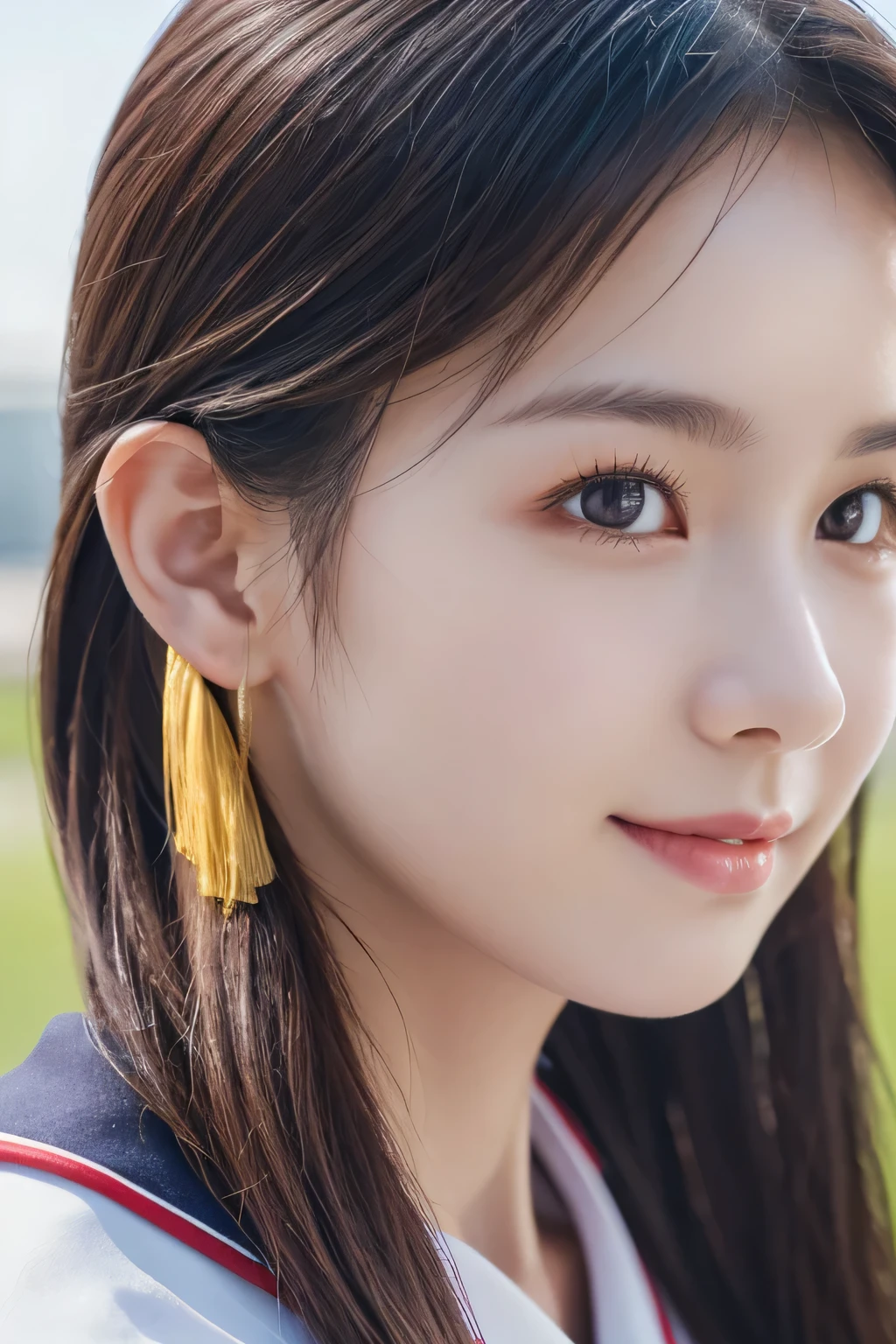 Top quality, 1 beautiful woman, Sunlight, ((masterpiece, Highest quality, High resolution)), (look back:1.3), 1 girl, smile, (Realistic: 1.4), Great face, 17years old, ponytail, (Beautiful Hair:1.5), Sailor suit, The background is a school building, Side angle, (Close-up of face:1.3), Smooth, Highly detailed CG composite 8K wallpaper, High resolution RAW color photos, Professional photography, Light, BackLight, dream-like, impressive, Written boundary depth