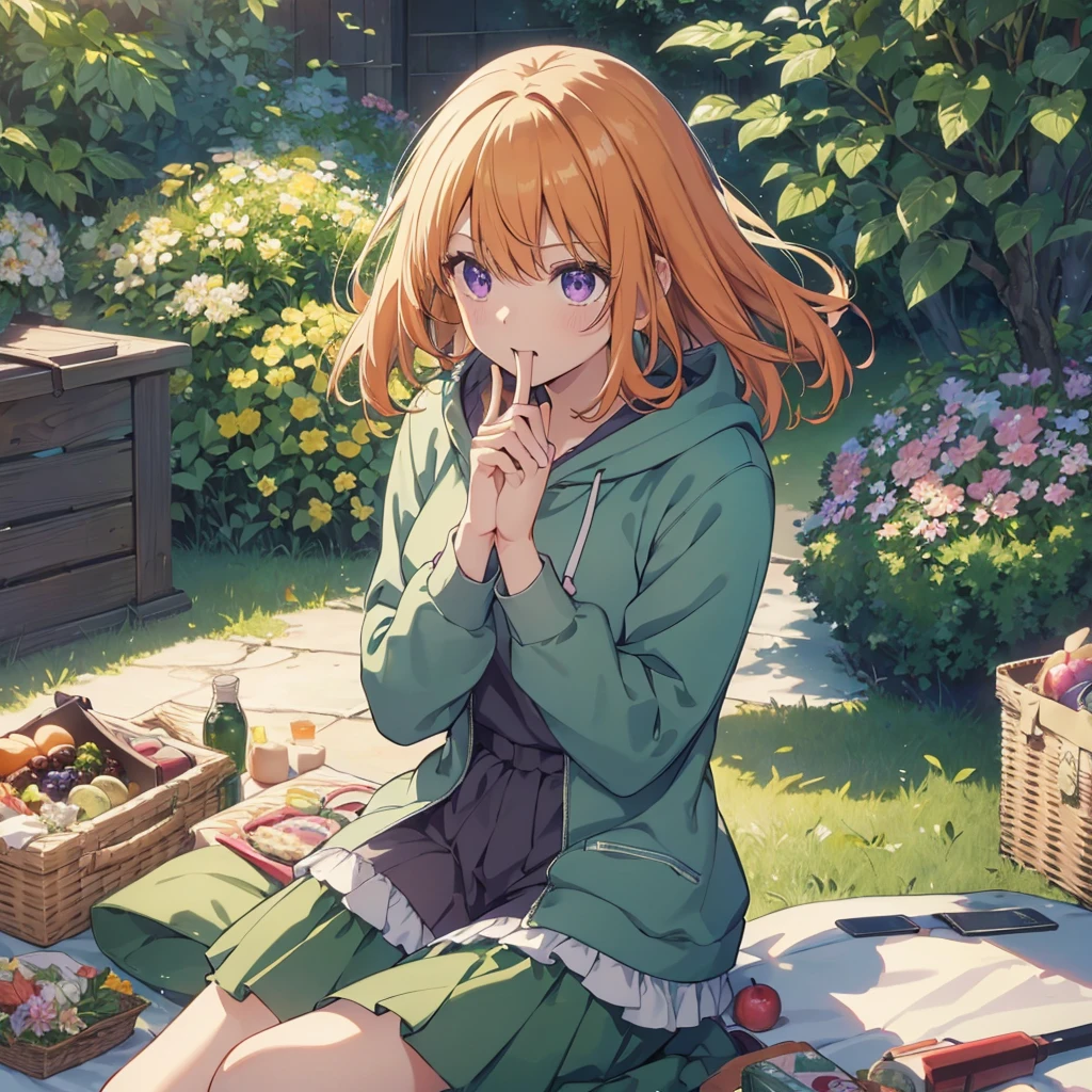 (Recall,food:1.3),(picnic:1.3),basket, Park with a view, Highest quality,Best image quality,Perfect Anatomy,masterpiece,Ultra-detailed,beautiful,super high quality, Highest quality,High resolution, Very detailed,Game CG,Dutch Angle ,beautiful細部までこだわった目,Visual Arts,Five Fingers, Perfect hands,Hide your hands, {{{One Girl}}}, beautiful詳細な女の子, Game CG, Spring flower, One curl on the outside, Short Bob Hair, Pastel orange hair, Purple eyes,Stylish accessories solo, breast enhancement, Medium Shoot, woman, Take-out, Laughter, huge ,,Pastel green checkered mini skirt,Black knee-highs, {{{{{Wearing a pastel green hoodie}}}}},Open your mouth, wonderful, beautiful細部までこだわった目, Highest quality, Very delicate,Masseter muscle area,Highest quality,(Official Art、Highest quality、Unity 8k wallpaper、32K、masterpiece、Ultra-detailed、超High resolution、Realistic、Photorealistic:1.2)、(Cinema Lighting:1.2)、Fire Glow Effect、The most grainy shadows on the film、Side light、Side Shot、(Ultra-detailedで複雑な3Dレンダリング)、Atelier Series,