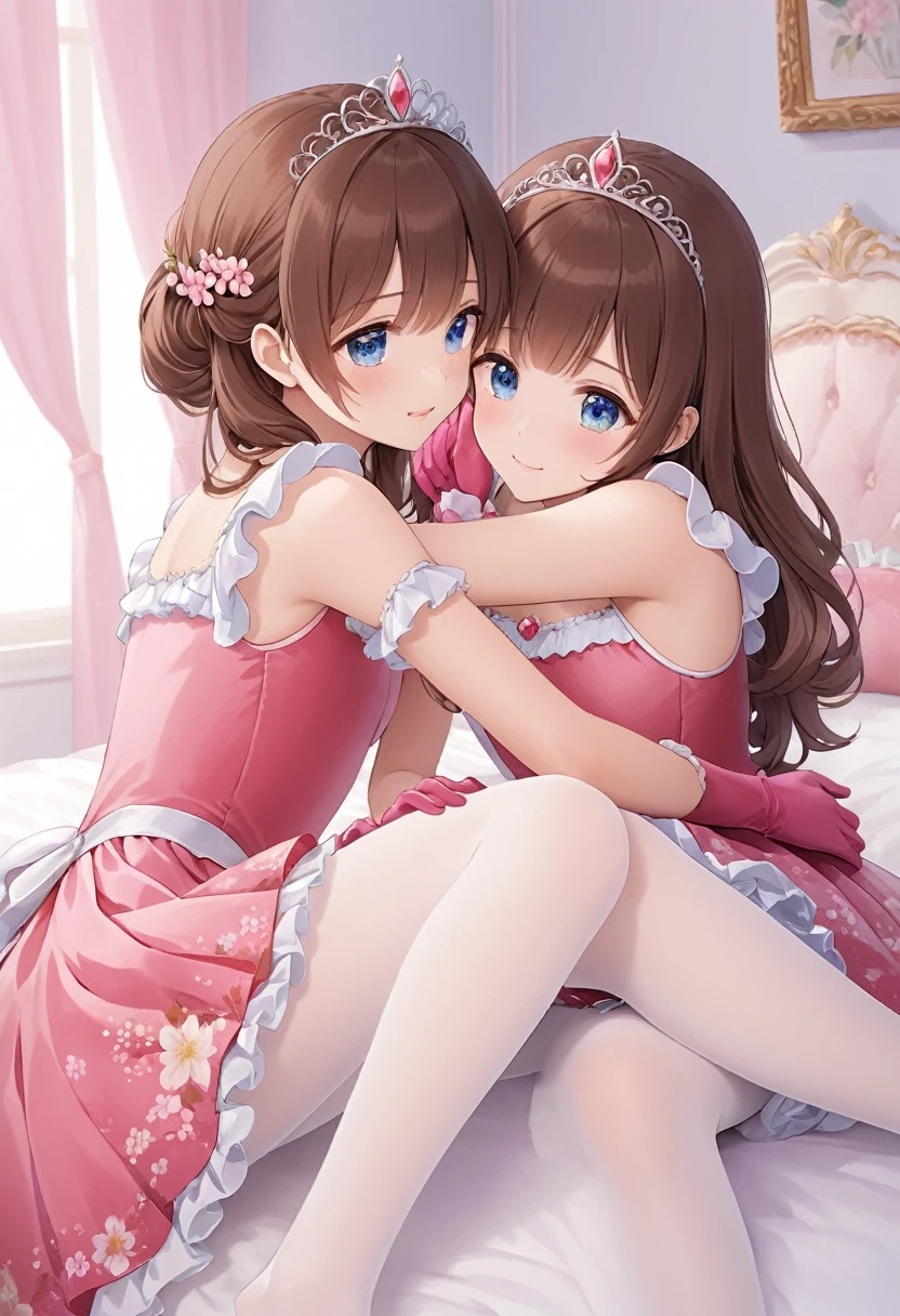 (Style-Princess) (1 man, 1 catgirl) (hetero, couple) (crossdressing, fully clothed) (brown hair, blue eyes) (portrait) (women's clothes only) (women's beautifully feminine skintight velvet floral print frilly girly pink adorable ballet leotards) (white opaque tights, no shoes) (tiaras, pink shoulder-length silk gloves:1.3) (woman's bedroom, four-poster bed) (lying down, hugging, bending knee) (intimacy, playfulness, closeness)