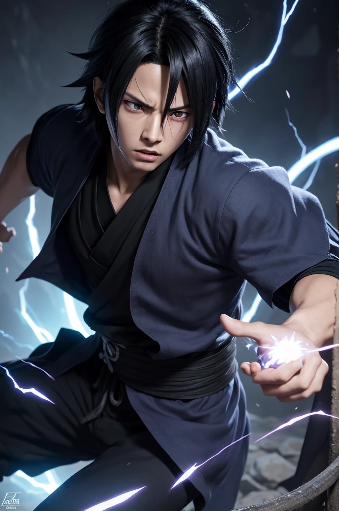 Create a 3D, 4K, full HD, high definition, hyper-detailed, cinematic wallpaper of Sasuke Uchiha from the Akatsuki in an intense rage, unleashing Chakra. Sasuke's eyes should be glowing fiercely, with Chakra energy swirling around him.