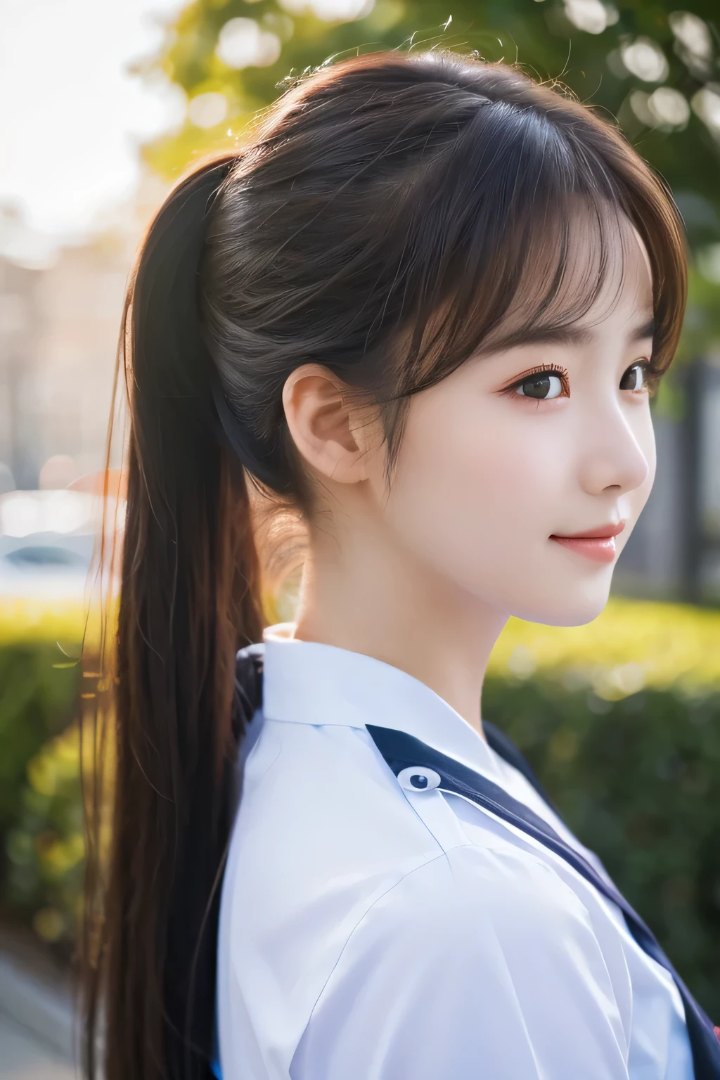 Top quality, 1 beautiful woman, Sunlight, ((masterpiece, Highest quality, High resolution)), (look back:1.3), 1 girl, smile, (Realistic: 1.4), Great face, 17years old, ponytail, (Beautiful Hair:1.5), Sailor suit, The background is a school building, Side angle, (Close-up of face:1.3), Smooth, Highly detailed CG composite 8K wallpaper, High resolution RAW color photos, Professional photography, Light, BackLight, dream-like, impressive, Written boundary depth
