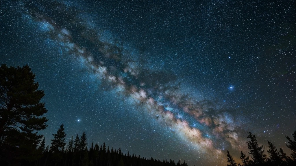 Starry sky with some stars and some trees, Milky Way in the sky, There is a Milky Way in the sky, In the clear, majestic night sky, Starry sky in the background, Milk is high up in the sky, Galaxy in the night sky, Starry Night, In the clear night sky, Star-studded sky, Milky Way Light