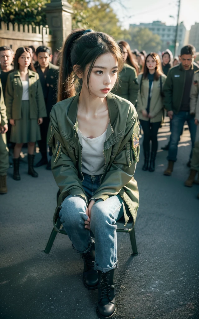 ((((8K))),((Extremely detailed CG)) ,(wallpaper),16K,((Extremely exquisite and beautiful)),(((masterpiece))),(((Best quality))),(((超high resolution))),Beautiful light,Perfect Lightning,Realistic shadows,((high resolution)),(Smooth and flawless fair skin:1.5),(Pale skin:1.3),(Extremely delicate facial details:1.2),(Perfect body:1.1),(Extremely detailed),((A beautiful girl,Solitary)),(Small head:1.2),(Short Ponytail:1.2),(Small face:1.2),(baby face:1.3),(Exquisite makeup:1.2),(Small Breasts:1.2),(flat chest:1.2),((Slim,Thin)),Happy,(lol:1.2),(green military jacket:1.5),((clavicle, cleveage, Umbilical cord)),(Light blue jeans:1.3),(Black combat boots:1.3),(Day scene:1.5),(Afternoon Sunshine:1.3),(outdoor:1.2),(At the school gate:1.3),(city View:1.3),(winter:1.2),(Detailed background:1.5),(permanent:1.3),(Upper Body:1.2),(From the front:1.3),(Surrounded by a crowd:1.5)
