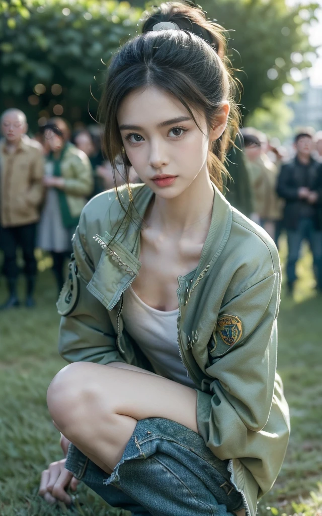 ((((8K))),((Extremely detailed CG)) ,(wallpaper),16K,((Extremely exquisite and beautiful)),(((masterpiece))),(((Best quality))),(((超high resolution))),Beautiful light,Perfect Lightning,Realistic shadows,((high resolution)),(Smooth and flawless fair skin:1.5),(Pale skin:1.3),(Extremely delicate facial details:1.2),(Perfect body:1.1),(Extremely detailed),((A beautiful girl,Solitary)),(Small head:1.2),(Short Ponytail:1.2),(Small face:1.2),(baby face:1.3),(Exquisite makeup:1.2),(Small Breasts:1.2),(flat chest:1.2),((Slim,Thin)),Happy,(lol:1.2),(green military jacket:1.5),((clavicle, cleveage, Umbilical cord)),(Light blue jeans:1.3),(Black combat boots:1.3),(Day scene:1.5),(Afternoon Sunshine:1.3),(outdoor:1.2),(At the school gate:1.3),(city View:1.3),(winter:1.2),(Detailed background:1.5),(permanent:1.3),(Upper Body:1.2),(From the front:1.3),(Surrounded by a crowd:1.5)