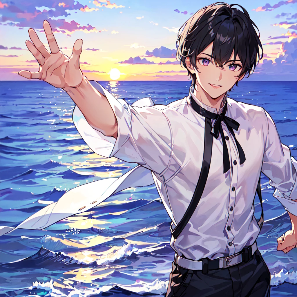 masterpiece,best quality,high quality,(1 male austere handsome solo adult age 30 years old:1.5), purple eyes, cool with suspended eyes, V-shaped eyebrows, body strong and fearless 8.5 head tall, height 185cm, (well-groomed black short hair down to neck:1.4), (bangs 7 thirds parted:1.4), slender nose, facial muscles, throat, (dancer in pants in summer fashion:1.3), (dancing), (stylish pose), (cool smile:1.3), (background ocean:1.3), (sunset:1.3), (upper body:1.3)