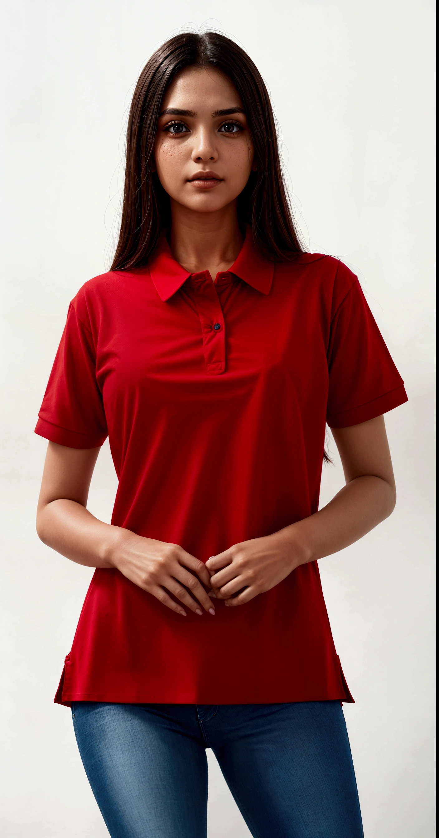 a close up of a woman in a rot shirt and jeans, rot shirt, manga curta, Simpler, rot uniform, rot, coral rot, wearing polo shirt, miniature productphoto, wearing rot attire, detailed product image, aqua, only rot colour, onyx, 3/4 front view, scarlet, basic, productphoto, crimson, collarot shirt, retrato em close