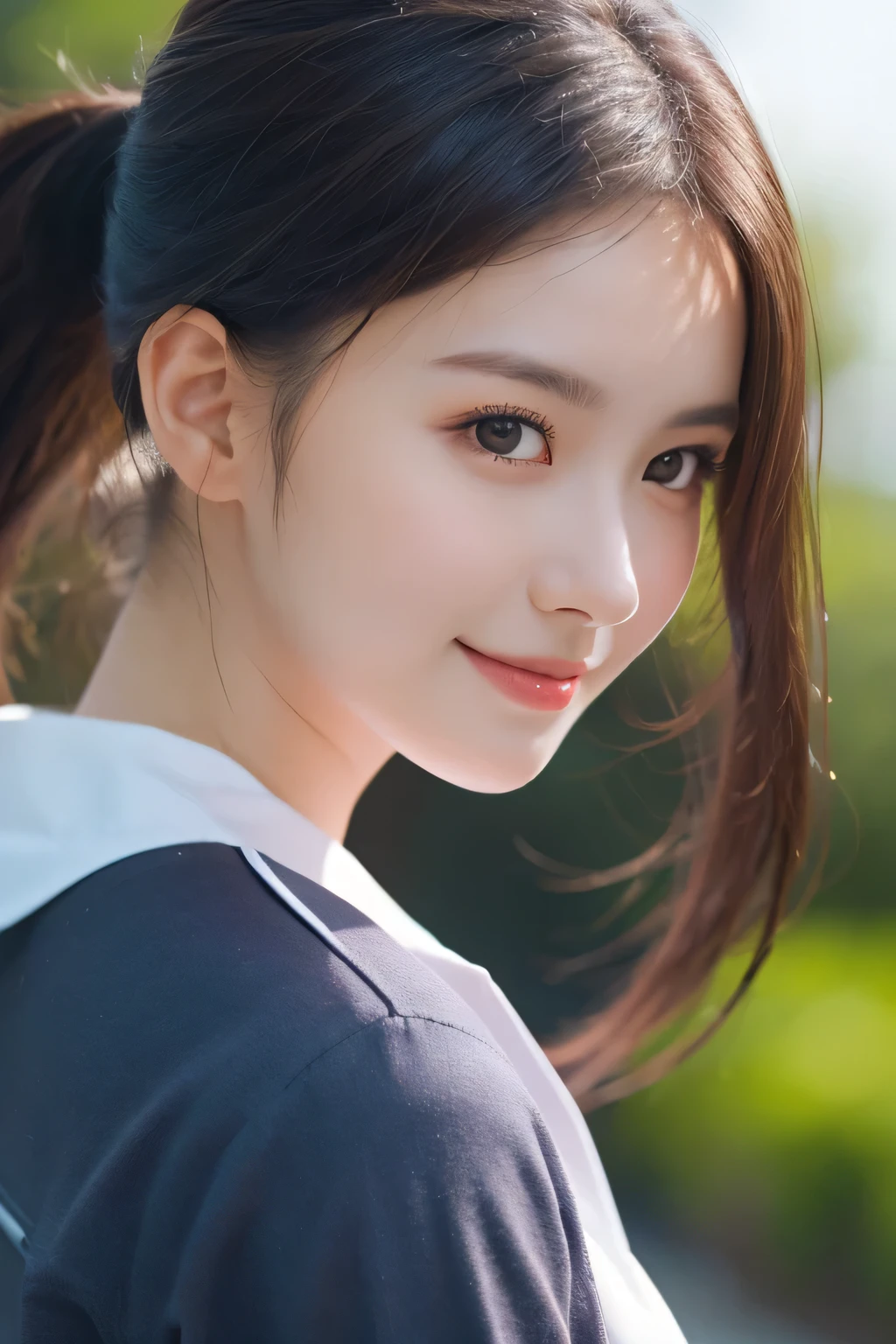 Top quality, 1 beautiful woman, Sunlight, ((masterpiece, Highest quality, High resolution)), (look back:1.3), 1 girl, smile, (Realistic: 1.4), Great face, 17years old, ponytail, (Beautiful Hair:1.5), Sailor suit, The background is a school building, Side angle, (Close-up of face:1.3), Smooth, Highly detailed CG composite 8K wallpaper, High resolution RAW color photos, Professional photography, Light, BackLight, dream-like, impressive, Written boundary depth