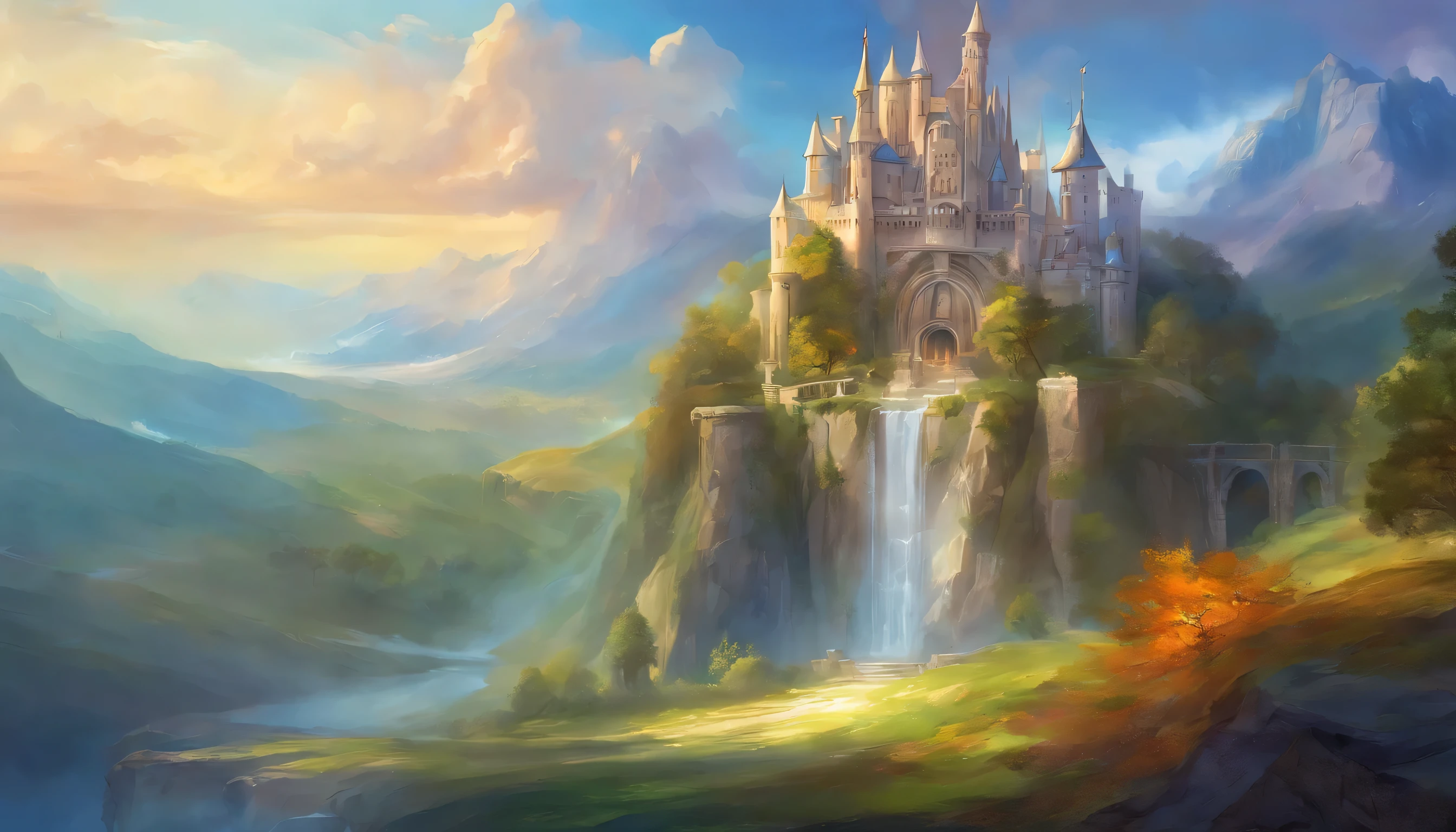 generate me a castle with towering blue roofed spires that's made with white sandstone. In the entrance, there's a staircase that leads to the castle's gate. And that castle is situated in the hills full of waterfalls.