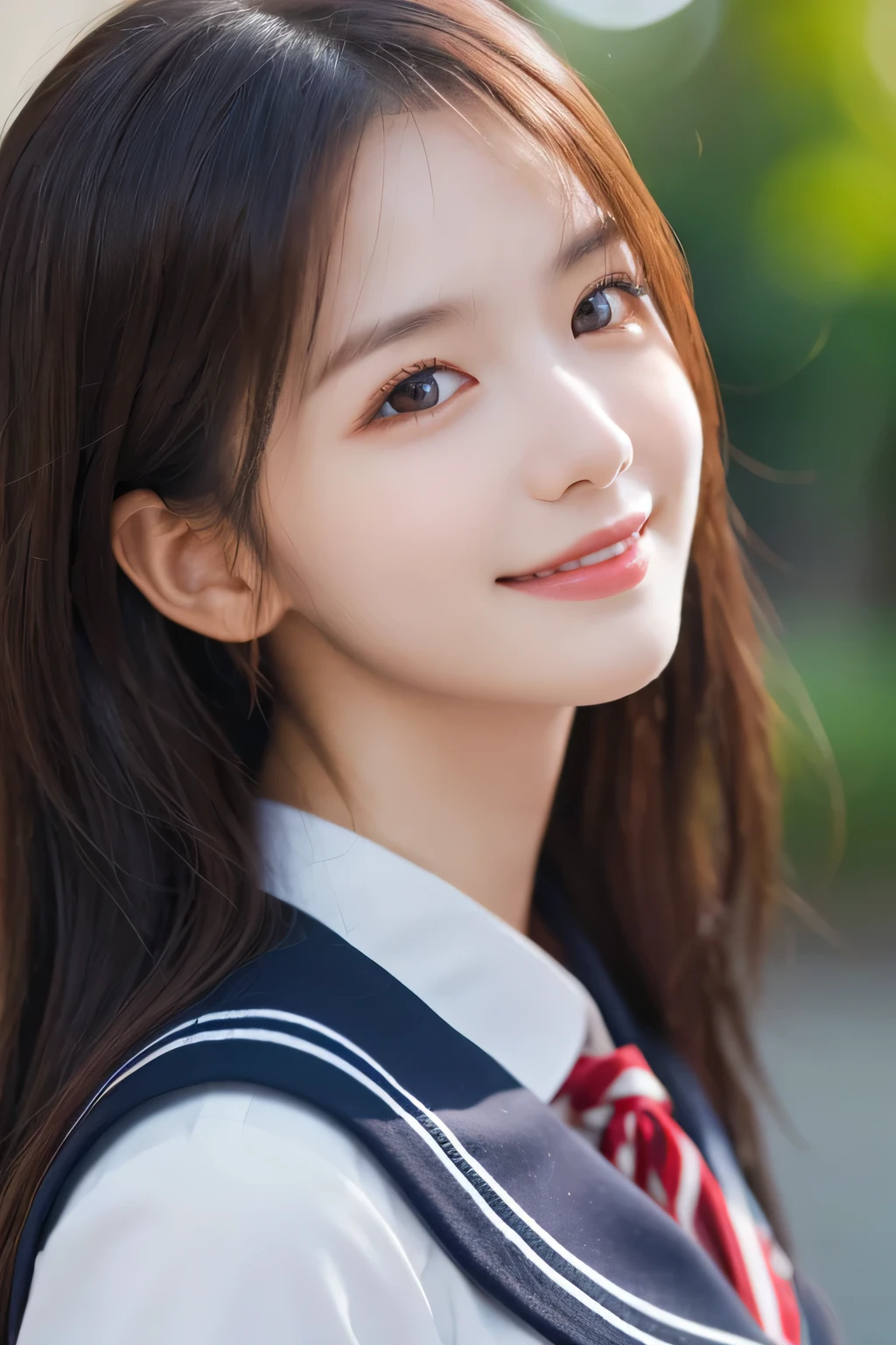 Top quality, 1 beautiful woman, Sunlight, ((masterpiece, Highest quality, High resolution)), (look back:1.3), 1 girl, smile, (Realistic: 1.4), Great face, 17years old, ponytail, (Beautiful Hair:1.5), Sailor suit, The background is a school building, Side angle, (Close-up of face:1.3), Smooth, Highly detailed CG composite 8K wallpaper, High resolution RAW color photos, Professional photography, Light, BackLight, dream-like, impressive, Written boundary depth