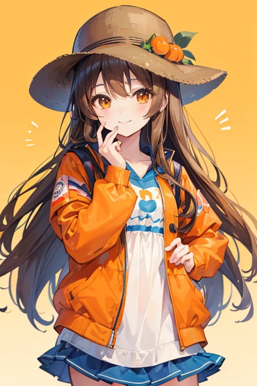 A cute anime girl with long brown hair, wearing a hat and an orange jacket, smiling with her hand on her cheek, set against a sunny outdoor background."