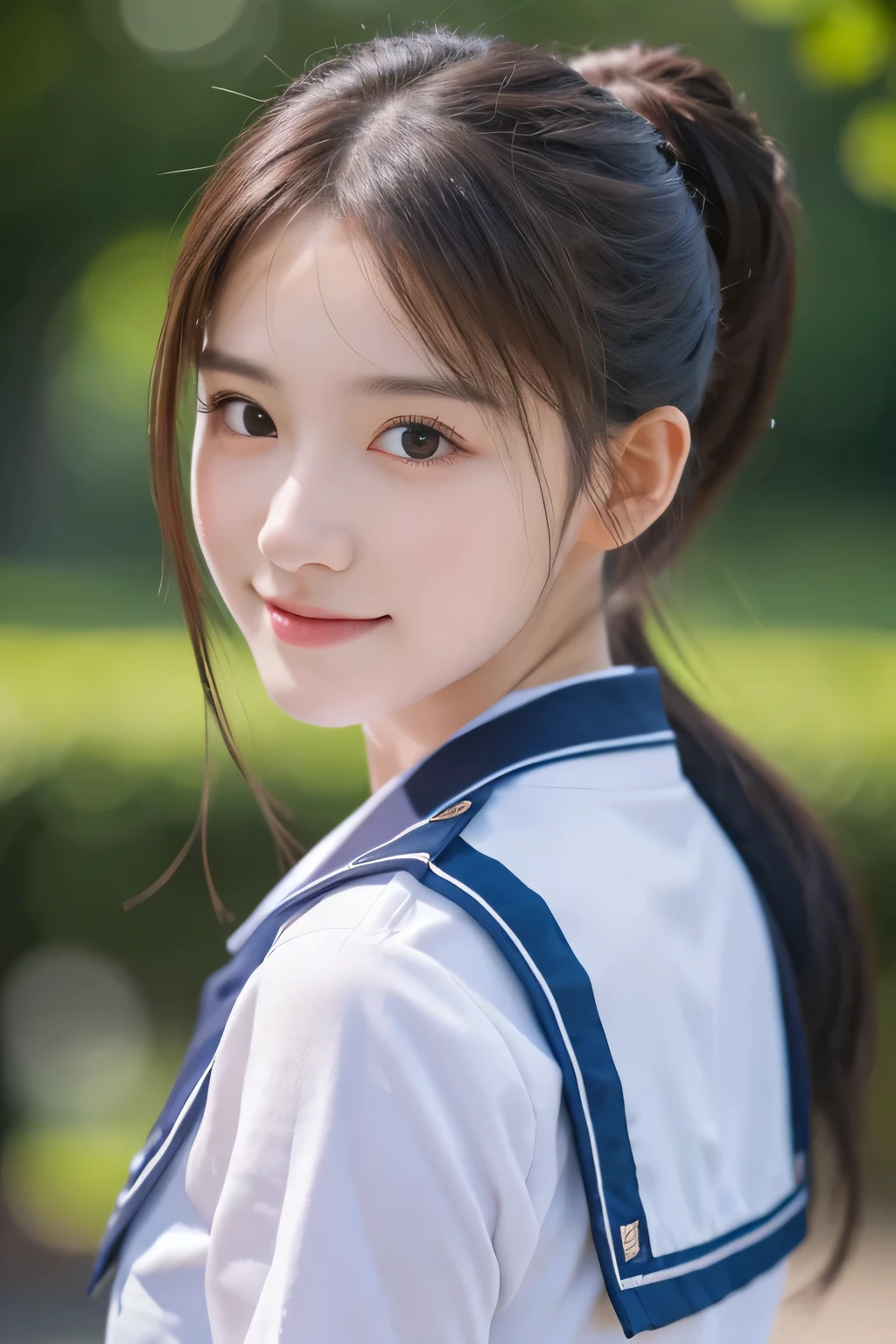 Top quality, 1 beautiful woman, Sunlight, ((masterpiece, Highest quality, High resolution)), (look back:1.3), 1 girl, smile, (Realistic: 1.4), Great face, 17years old, ponytail, (Beautiful Hair:1.5), Sailor suit, The background is a school building, Side angle, (Close-up of face:1.3), Smooth, Highly detailed CG composite 8K wallpaper, High resolution RAW color photos, Professional photography, Light, BackLight, dream-like, impressive, Written boundary depth