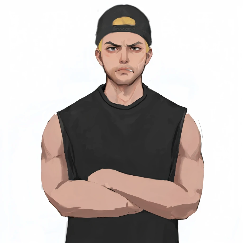 (masterpiece:1.2, best quality), (1men, solo, upper body:1.2),angry face,Hair: buzz cut,Clothing: oversized, distressed denim jacket with patches and pins, paired with black skinny jeans and combat boots, Hanging out in an underground music venue or street art exhibit