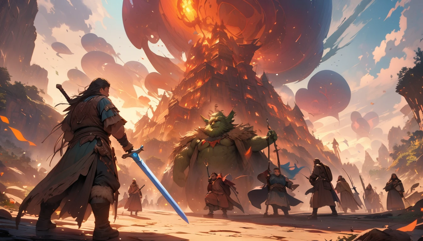 (masterpiece:1.4), (Highest quality:1.4), Very detailed, Complex, Very detailed, shape,Soft lighting, Scenic, Brandishing a Sword, A face full of fighting spirit, Spirit, More than one person, Mixed gender, a group of adventurers, character from RPG games, (character: human, Fairy, Fairy, Dwarf, The Hobbit), (exterior: Swordsman Style, Shaman Style, Monk Style, Magician style), (belongings: Long sword, dagger, Holy Staff, Magic wand, shield, metal armor, Leather Armor), Perfectly accurate anatomical shape、All limbs intact、Perfect full finger, Colorful characters, A landscape colored in earth tones, Huge, Majestic, Fighting Hero, Uplifting expressions, Serious face.