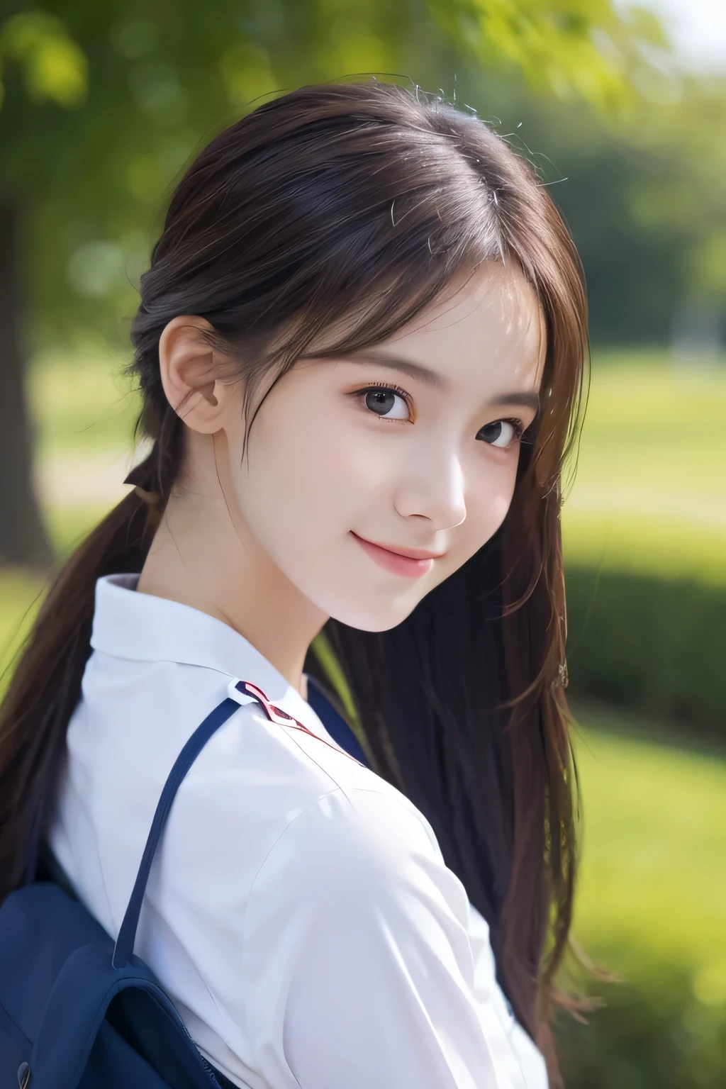 Top quality, 1 beautiful woman, Sunlight, ((masterpiece, Highest quality, High resolution)), (look back:1.3), 1 girl, smile, (Realistic: 1.4), Great face, 17years old, ponytail, (Beautiful Hair:1.5), Sailor suit, The background is a school building, Side angle, (Close-up of face:1.3), Smooth, Highly detailed CG composite 8K wallpaper, High resolution RAW color photos, Professional photography, Light, BackLight, dream-like, impressive, Written boundary depth