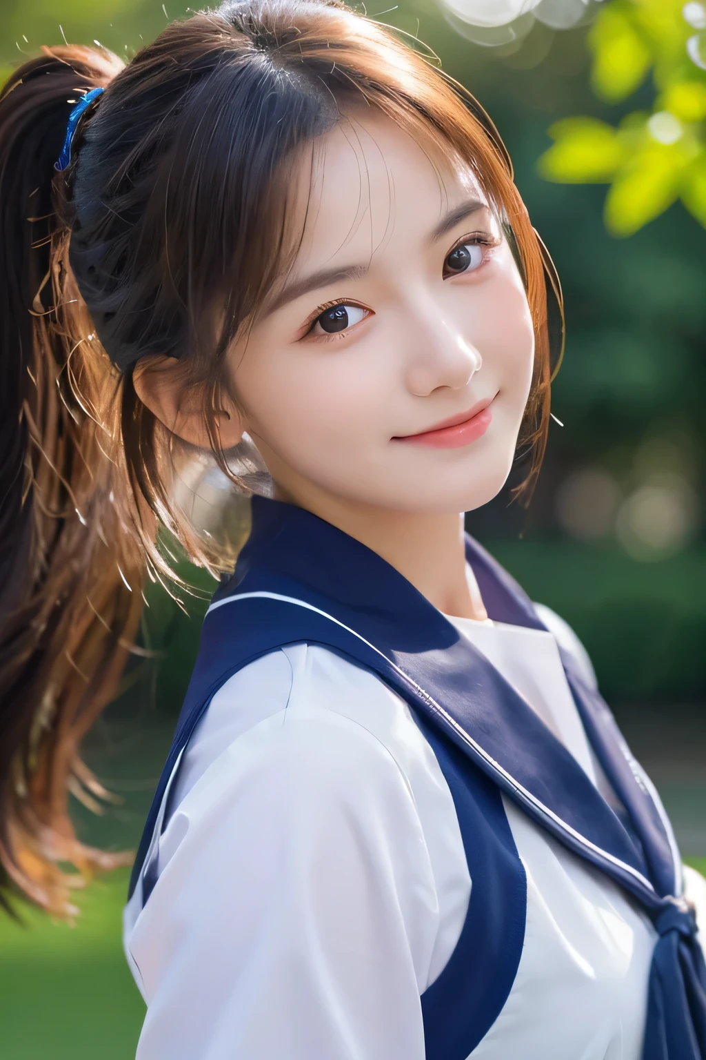 Top quality, 1 beautiful woman, Sunlight, ((masterpiece, Highest quality, High resolution)), (look back:1.3), 1 girl, smile, (Realistic: 1.4), Great face, ars old, ponytail, (Beautiful Hair:1.5), Sailor suit, The background is a school building, Side angle, (Close-up of face:1.3), Smooth, Highly detailed CG composite 8K wallpaper, High resolution RAW color photos, Professional photography, Light, BackLight, dream-like, impressive, Written boundary depth