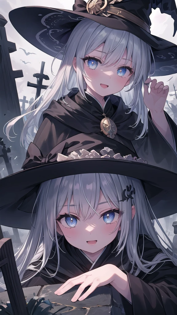 (8k, best quality, master piece: 1.2),super high resolution,1 girl, 独奏, colorshift eyes, hyperdetailed, expressive eyes, ultra-detailed face, fantasy witch, Random hairstyle、silver gay hair, Black Robe、Pointed hat、broom, Ecstatic expression, Mysterious graveyard , dark, eerie