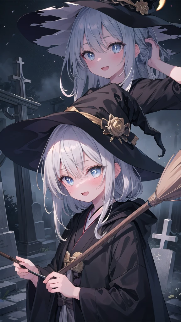 (8k, best quality, master piece: 1.2),super high resolution,1 girl, 独奏, colorshift eyes, hyperdetailed, expressive eyes, ultra-detailed face, fantasy witch, Random hairstyle、silver gay hair, Black Robe、Pointed hat、broom, Ecstatic expression, Mysterious graveyard , dark, eerie