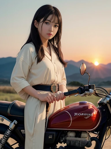 Japanese female, a lot of details, (underweight), 30 years old,masterpiece, best quality, cinematic photo of classic, honda motorcycle, vintage car, glossy surface, wild west background, sunset, high resolution, photograph, film, highres