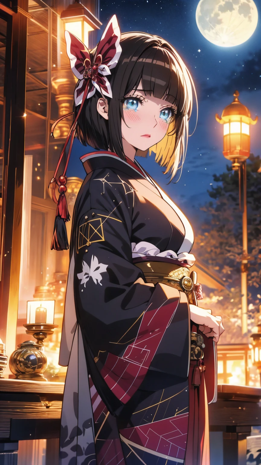 (Highest quality),(masterpiece), 8k,Very detailed, Detailed light, Best Shadow,Detailed reflective eyes, Beautiful Eyes, Very detailedな顔,Shiny Hair,sexy,Big Breasts,Charm,One person,Gloss,semi-long,Black Hair,Iris,kimono,黒色のkimono,,enchanting,Expressionless,Blushing,full moon,Enchanting,Beautiful fingers,Beautiful hands,Refers to 5 books,hair ornaments,whole body,shrine,front,On a journey to another world led by the moon,my,Mio,fan,High exposure,looking at the camera,whole body,kimonoはだける,Bedroom,Chest visible,valley,Tears,