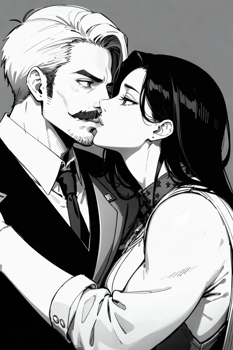 A slender, beautiful boy and a macho man with a moustache are kissing