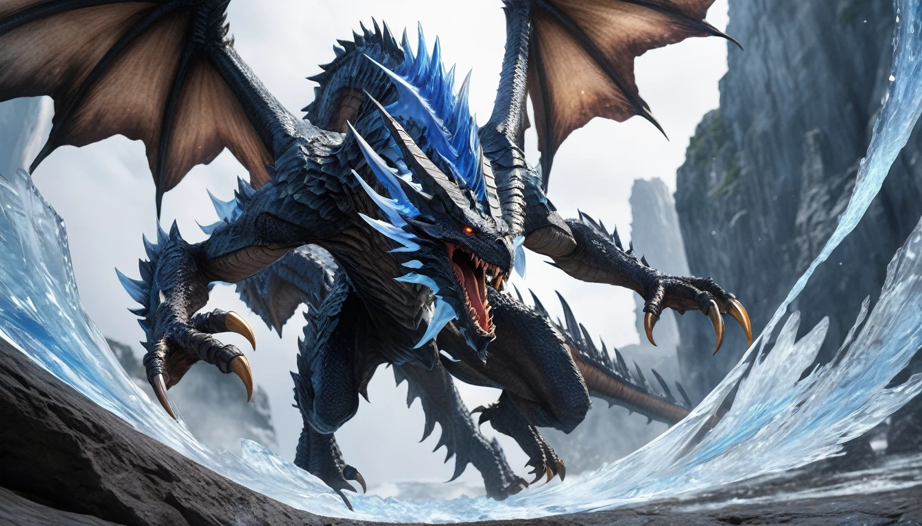 Realistic photos, RAW Photos, darkness Bahamut, attacks viewer, Powerful movements, jump on prey, ((Dynamic jump)), Sharp Claws, Bahamut approaching from above, sudden approach, Bad-tempered, dynamic Shot from grand, ice magic,High resolution, masterpiece, Highest quality, Intricate details, Very detailed, Clear focus,texture, Delicate eyes, Professional, 4K,Shallow and deep, Kodak Vision Color, Exactly, Very detailed, photograph_\(Extremist\), photographpractical, practical, Post-processing, Maximum details, Roughness, Real Life, Extremist practical, Photorealism, photographgraphy, 8K Ultra HD, photographgraphy