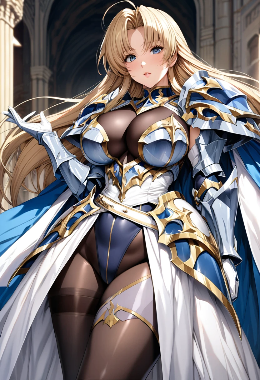 ((highest quality)), ((masterpiece)), ((hyperrealistic)), (detailed background), 1girl, ((curvy: 1.2)), perfect face, Langrisser, ((black lamé plunge leotard: 1.5)), ((catsuit)), ((blue paladin armor: 1.3)), ((long skirt)), ((victorian ball gown)), (cloak de cour), gauntlet, gloves, belt, silver straight hair, ahoge, parted bangs, (huge breasts), (see-through cleavage cutout), (zettai ryouiki armored thigh high boots), (pantyhose thigh), beautiful eyes, Perfect hands, perfect fingers,