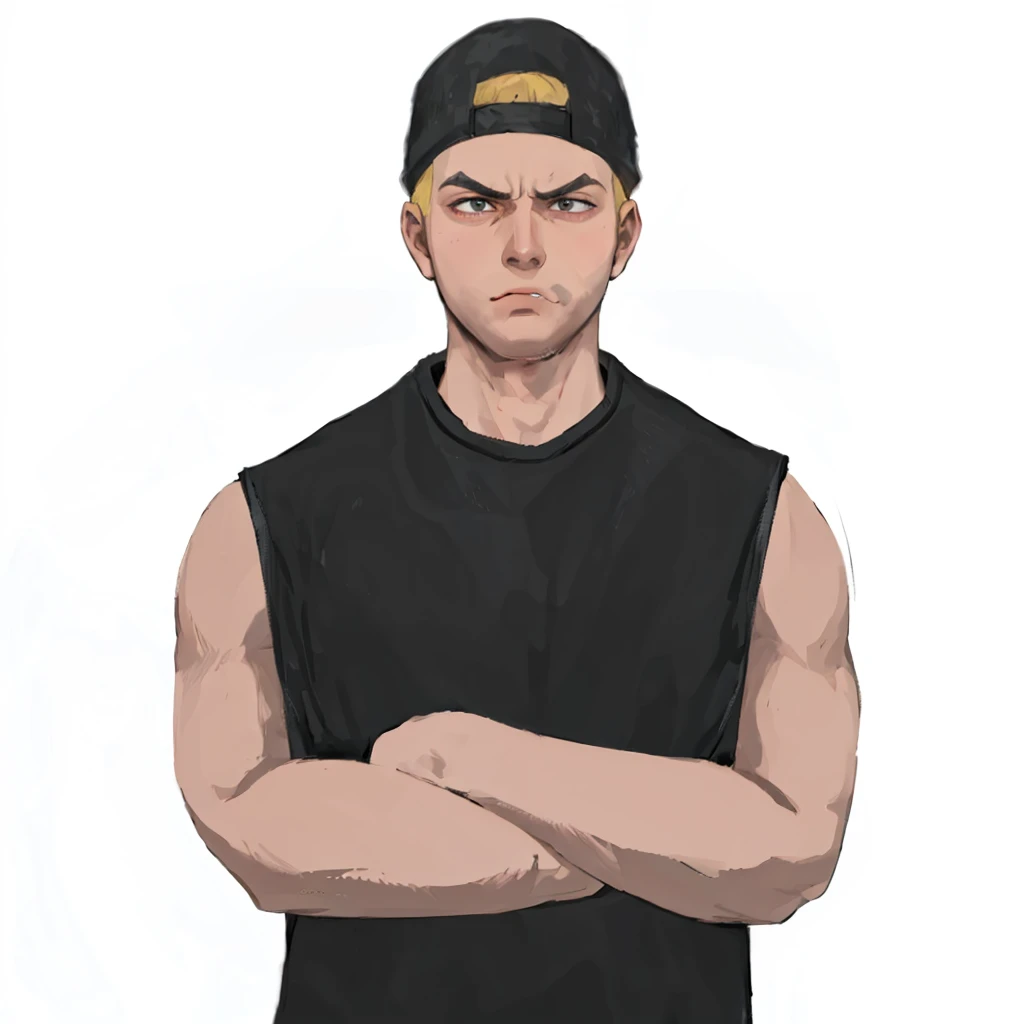 (masterpiece:1.2, best quality), (1men, solo, upper body:1.2),angry face,Hair: buzz cut,Clothing: oversized, distressed denim jacket with patches and pins, paired with black skinny jeans and combat boots, Hanging out in an underground music venue or street art exhibit