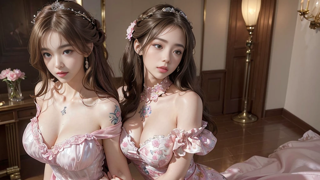 (A glamorous atmosphere)、masterpiece、solo、Very detailed、Very detailed、Ultra-high resolution、Photorealistic、scattered flowers, ((Blouse made of transparent light fabric、胸が大きく開いた淡いpinkのシャツ,,、Tattoo from neck to shoulder Tattoo in the center of the chest Tattoo on both arms))、Upper body、Curly Hair、Hair length、Light brown hair、Exquisite face、The most beautiful woman、Refreshing look、Sexy look、pink、Sophistication、Impersonation face、((Real Art、淡いpinkと淡いオレンジの背景、Look straight ahead、Sleep on your back))