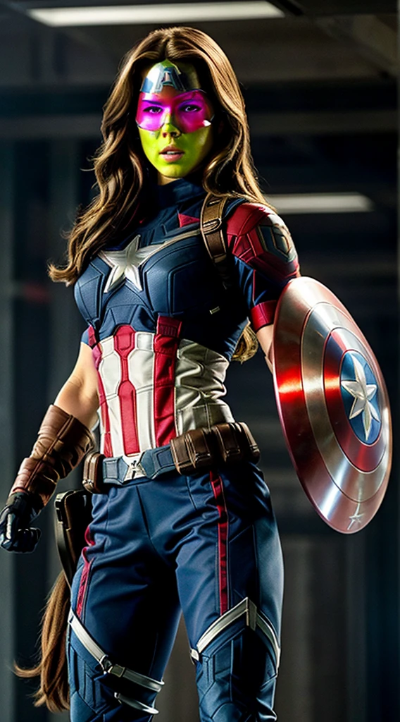"Kate Beckinsale is Captain America, wearing a Captain America costume with sexy physique, young face, intricate Captain America costume, long pony tailed hair, showcasing her strength and determination while doing a Captain America pose. Ultra high definition and resolution, capture every detail of her intense expression and powerful stance. Photorealism brings her presence to life."