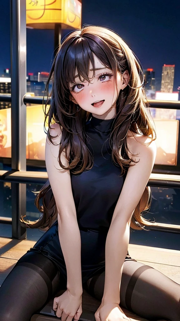 nude,Photo from below,Masterpiece,quality,High resolution,高quality,Realistic,Long Hair,pantyhose:1.5,Leaning against the guardrail,Spread your legs:1.5,Embarrassed face,Skyscrapers in the background,crowd:1.5,Fair skin,night, roadside,Forehead,blush