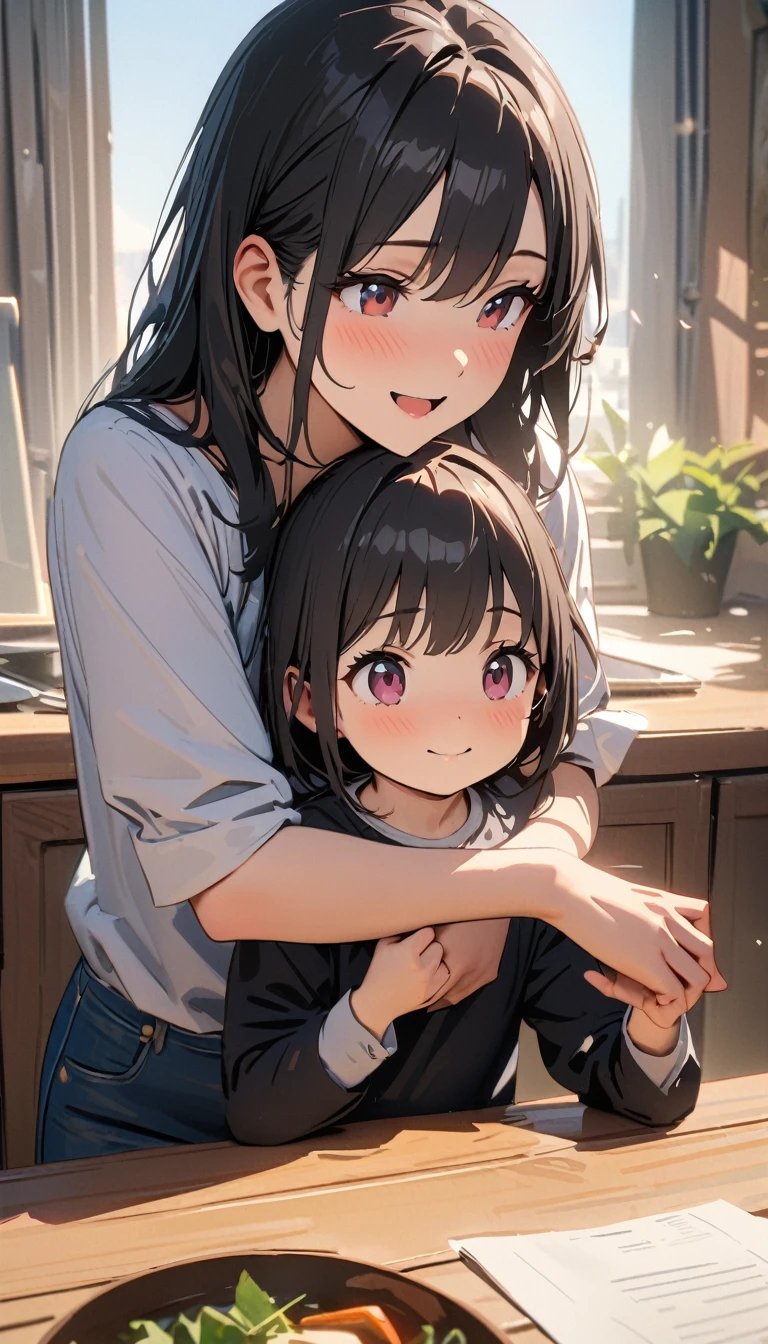 masterpiece , modern, Verism, masterpiece, super detail, best quality, 4K , A mother in her 30s and her 5-year-old daughter,Black Hair,Slender,Happy atmosphere 