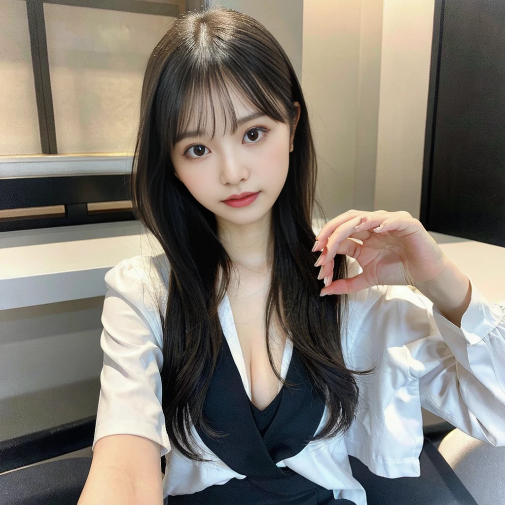 RAW Photos, Highest quality, Realistic, Realistic:1.3, Tabletop, Very delicate and beautiful, Soft Light, Black Hair,Long Hair, Layered Cut, Beautiful detailed girl, Accurate Fingers, Eye and facial details, Beautiful and detailed nose, Beautiful attention to detail, 1 girl, Japanese, Pure beauty, cute, young, Wearing a suit,Sit on a chair (Half Body:1.3), Big breasts, Realistic face, Realistic body, office