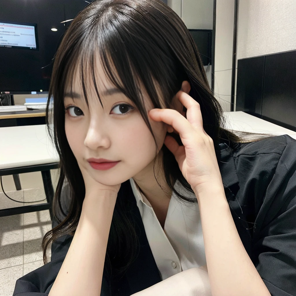 RAW Photos, Highest quality, Realistic, Realistic:1.3, Tabletop, Very delicate and beautiful, Soft Light, Black Hair,Long Hair, Layered Cut, Beautiful detailed girl, Accurate Fingers, Eye and facial details, Beautiful and detailed nose, Beautiful attention to detail, 1 girl, Japanese, Pure beauty, cute, young, Wearing a suit，Sit on a chair (Half Body:1.3), Big breasts, Realistic face, Realistic body, office