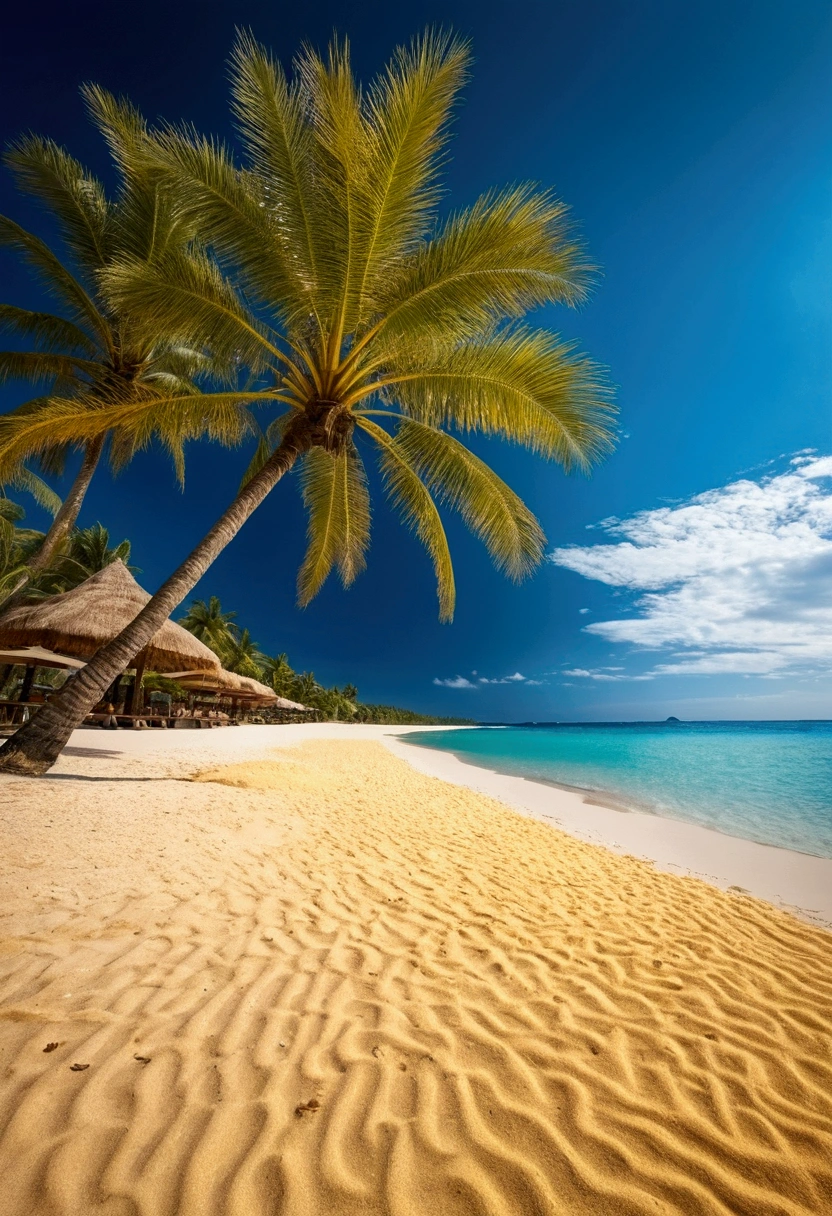 Beautiful vacation beach with yellow sand, What is blue?, Palm tree,restaurant、 RAW Photos, Full Sharp, (Magnificent wallpapers in Full HD) 8K Ultra HD, Digital SLR, Soft lighting, high quality, Film Grain, Fujifilm XT3