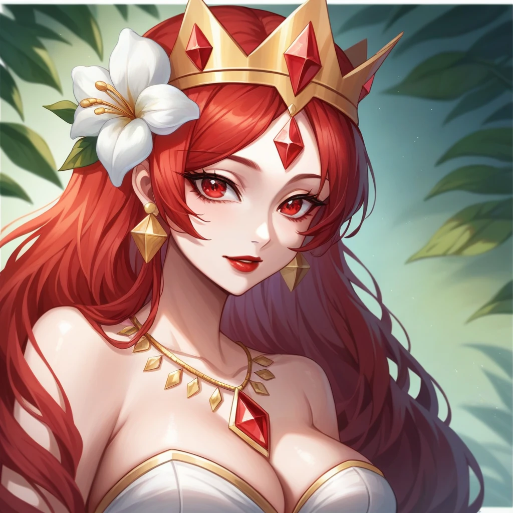 majapahit princess, with red hair, red eyes, wearing golden crown with red diamond and jasmine flower, wearing gold necklace with red diamond and flower, wearing pinkish purple kebaya with flower motive and gold, wearing white selendang, wearing brown batik dress with gold, super pretty face, red lips, beautiful eyes, hd, 4k
