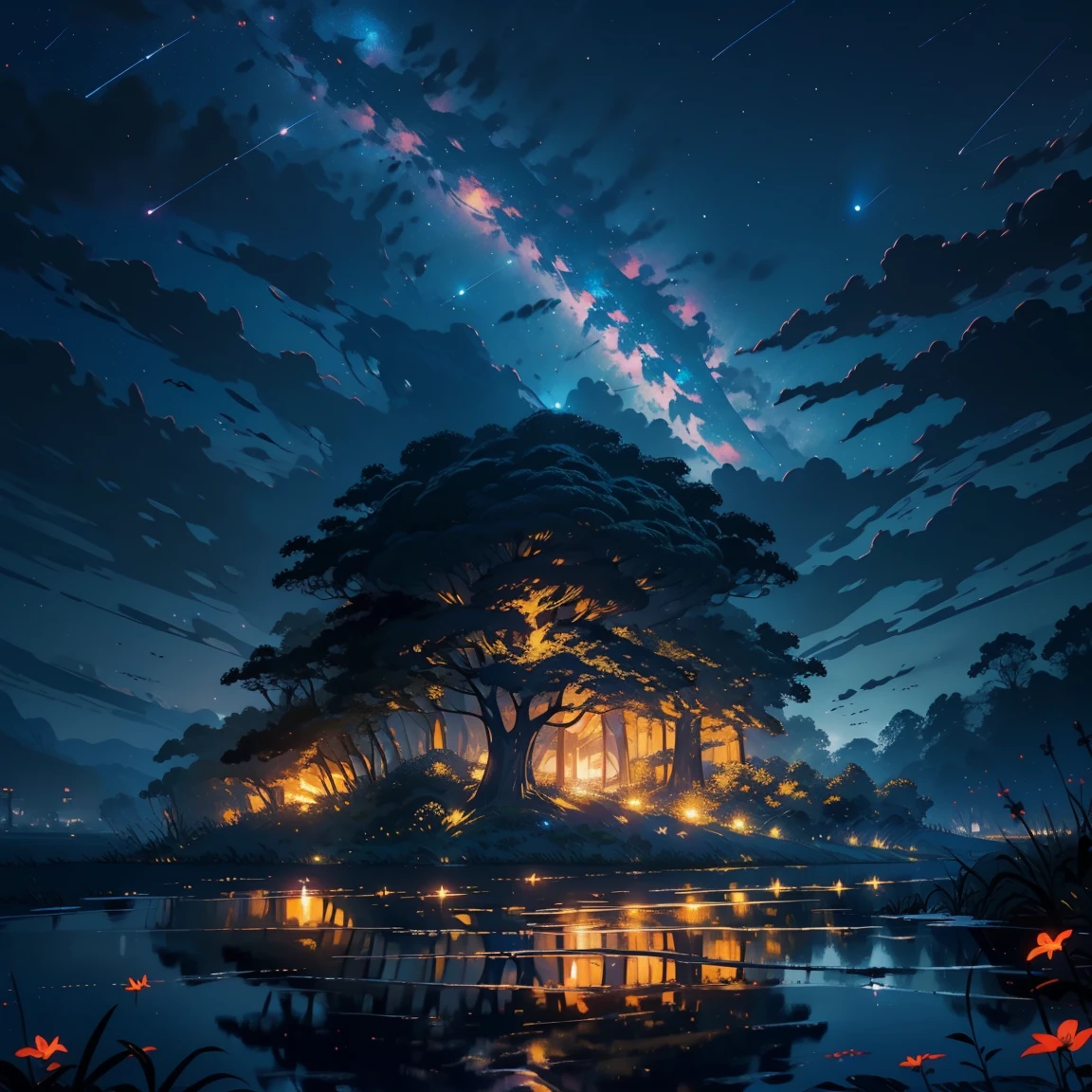 Master Parts, nice, landscape, (((no_Humanos))), night, flower, garden, Starry Sky, constellation, amazing, Overlooking, water, warm, comfortable, peaceful, meteor, Cosmic, magic, magic, details, fair, ((fire Fly))