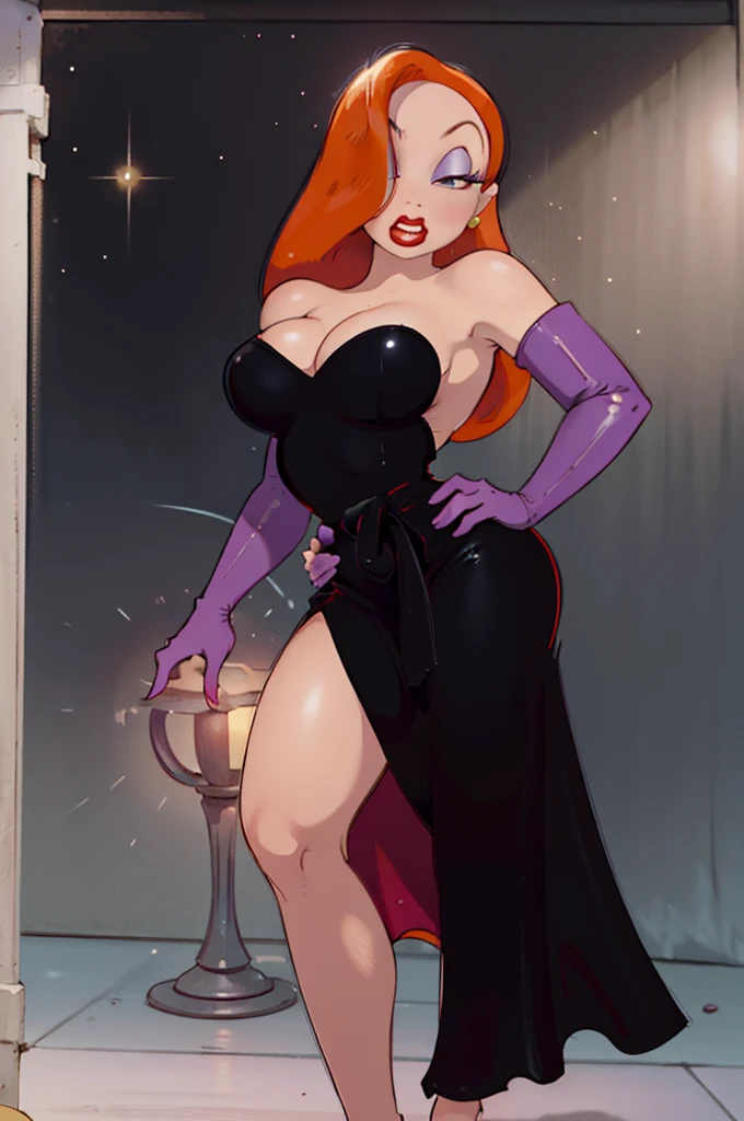 high quality,ultra quality 8k, ultra 4k,masterpiece, Orange hair, a tall woman, by the wide , One eye is hidden by hair, dark purple eyeshadow , Red lipstick, Detailed photos, beauty, attractive body, perfect anatomy of the human body, Jessica rabbit, correct anatomy Bodysuits, Bright red long dress, Dresses with slits up to the waist, Sparkly red sequin dress, Perfect facial balance, long eyelashes, sexy eyebrows, side glance, wide shoulders, Proudly stand up straight, big breasts hands on waist, Soft and sexy look, The background is a black and white movie set, sketch in carbon pencil