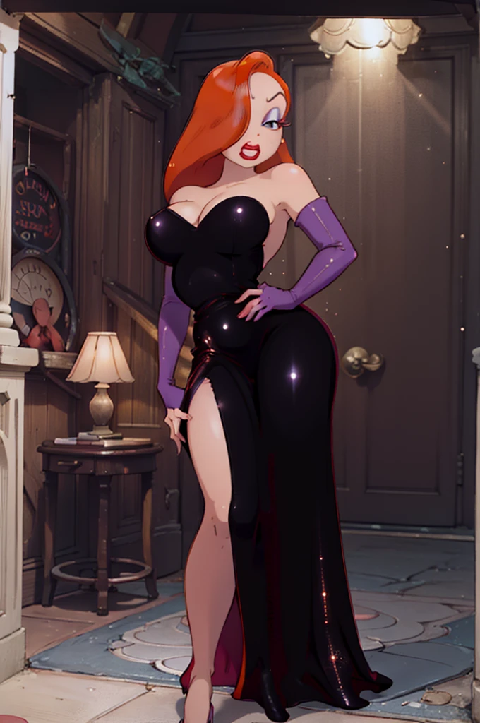 high quality,ultra quality 8k, ultra 4k,masterpiece, Orange hair, a tall woman, by the wide , One eye is hidden by hair, dark purple eyeshadow , Red lipstick, Detailed photos, beauty, attractive body, perfect anatomy of the human body, Jessica rabbit, correct anatomy Bodysuits, Bright red long dress, Dresses with slits up to the waist, Sparkly red sequin dress, Perfect facial balance, long eyelashes, sexy eyebrows, side glance, wide shoulders, Proudly stand up straight, big breasts hands on waist, Soft and sexy look, The background is a black and white movie set, sketch in carbon pencil