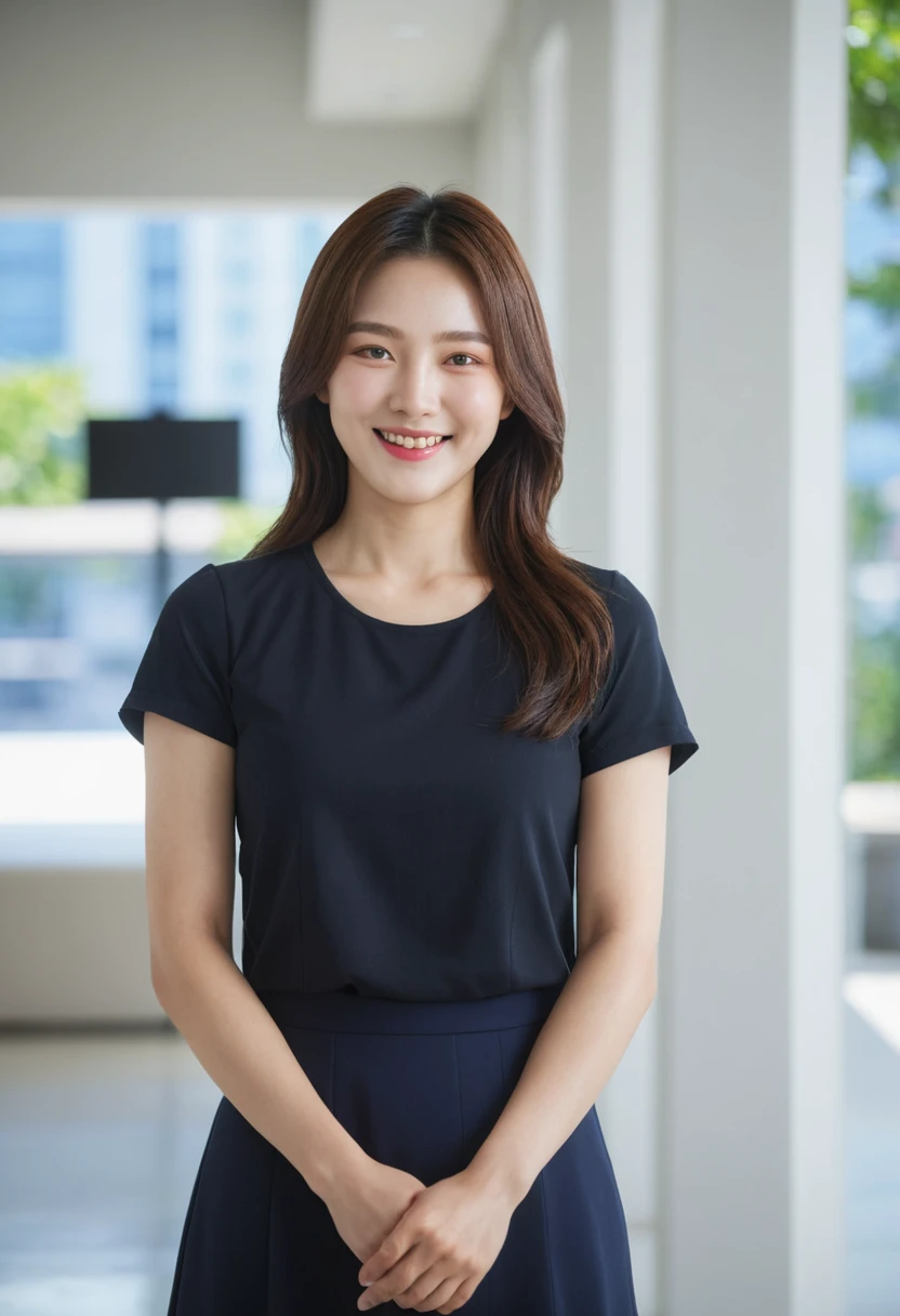 Best Quality, 8k, Masterpiece, (Portrait: 1.3), (photo realistic:1.4), (hyper realistic:1.4), Sharp Focus, looking at viewer, (smoother lighting:1.1), (increase cinematic lighting quality:0.9), realistic lighting, backlighting, light on face, ray trace, (brightening light:1.2), (Increase quality:1.4), sharp detail, (best quality real texture skin:1.4), finely detailed eyes, black_eyes, finely detailed face, 25 year old Korean woman,smiling_face