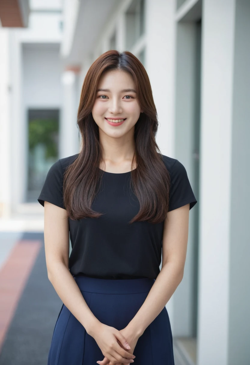Best Quality, 8k, Masterpiece, (Portrait: 1.3), (photo realistic:1.4), (hyper realistic:1.4), Sharp Focus, looking at viewer, (smoother lighting:1.1), (increase cinematic lighting quality:0.9), realistic lighting, backlighting, light on face, ray trace, (brightening light:1.2), (Increase quality:1.4), sharp detail, (best quality real texture skin:1.4), finely detailed eyes, black_eyes, finely detailed face, 25 year old Korean woman,smiling_face