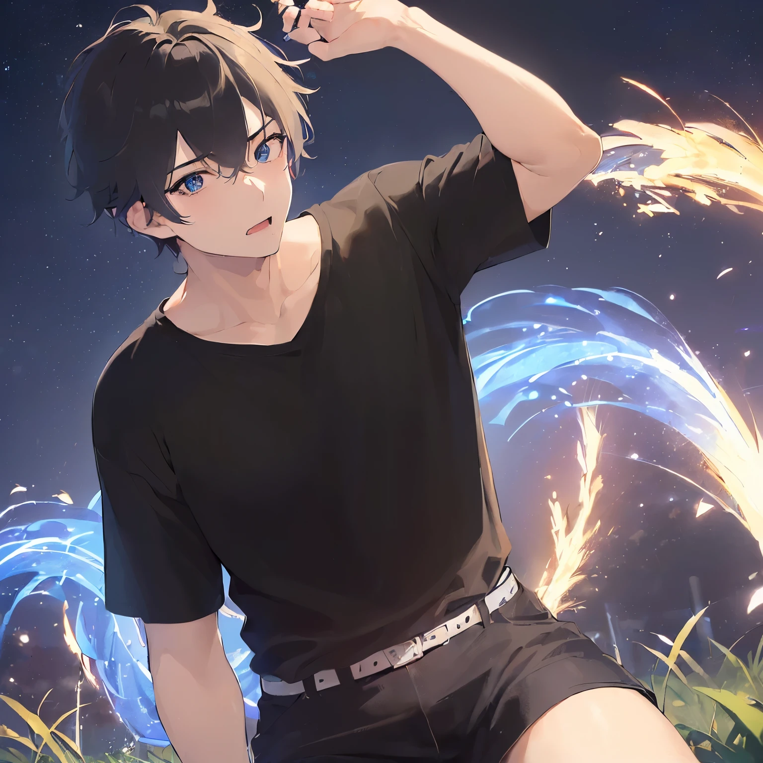 (30-year-old male:1.5) and (blackのショートヘア) and (blue eyes) (black:1.5) and (T-Shirts:1.5),(avert your eyes:1.5),Upper Body、Side shot、Glowing Skin, masterpiece、Highest quality,Surprised expression,(Night Park:1.5)、(Night Sky:1.5)、(Grass:1.3),(alone:1.5)