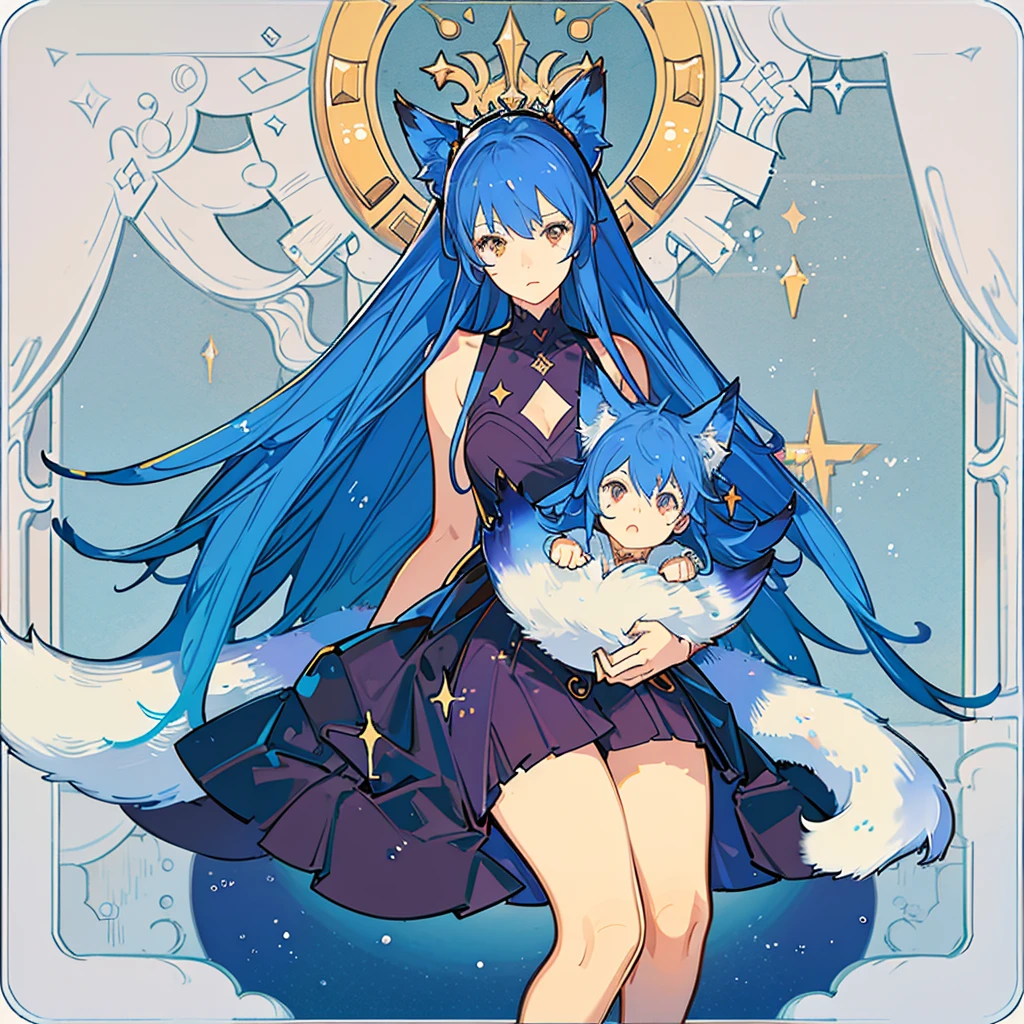 A girl with long blue hair and brown eyes with a star as a pupil , accompanied by a purple fox.