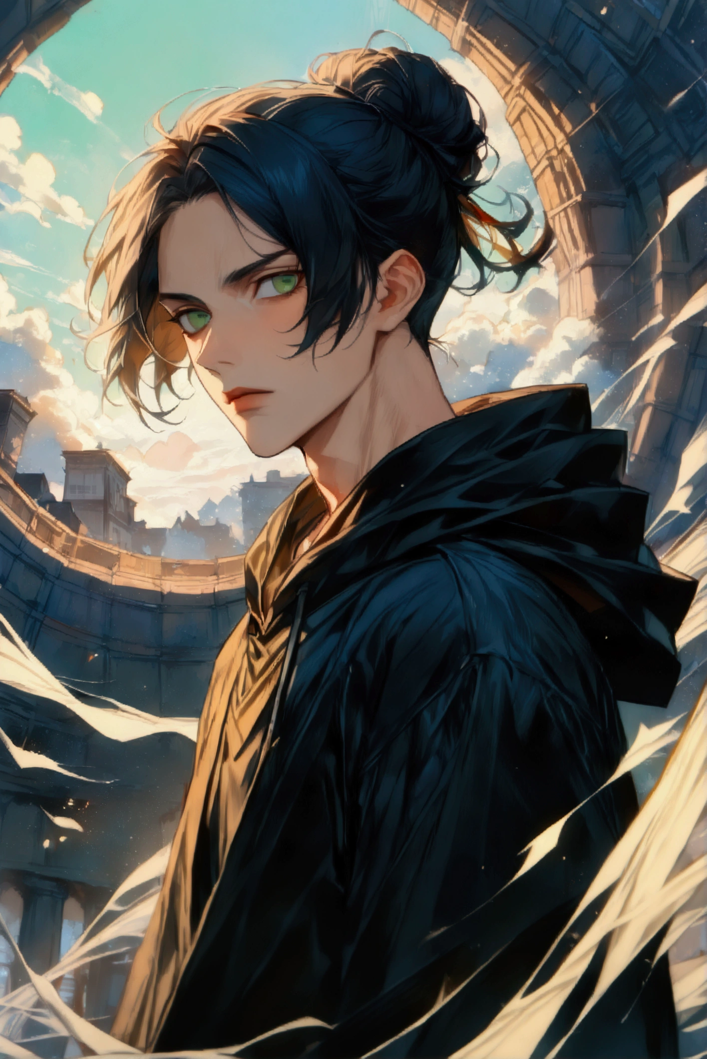 Brown man bun hairstyle、Handsome man in his 20s（1 male,Ellen Yeager）（Attack on Titan）,Green Eyes,Expressionless,（He is wearing a long black hoodie..）,(masterpiece:1.3),(Highest quality:1.4),(Very detailedな:1.5),High resolution,Very detailed,Unity, High level of detail and quality, 8k Ultra HD,wallpaper,Decadent,Wind,Achieve smooth design