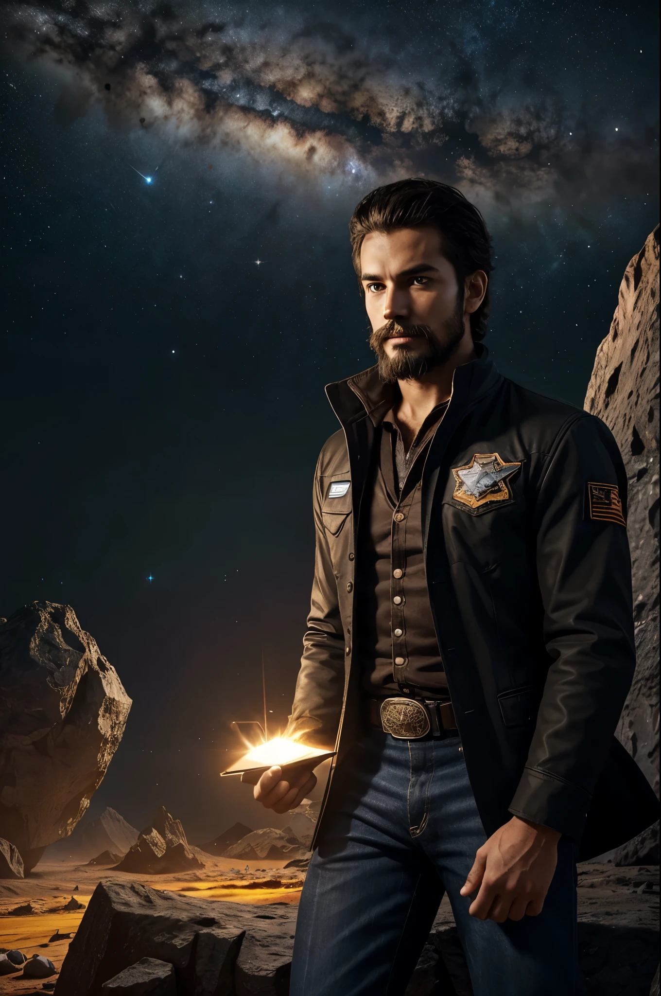Draw a young programmer, sitting on a research platform floating in the middle of an asteroid belt. He is studying with a notebook, surrounded by several asteroids glowing with fiery auras. Dramatic lighting from distant stars and planets illuminates the scene, casting deep shadows on the suit. The young man looks confident and determined, looking at the vast and mysterious universe with wonder and respect,facial hair, cowboy shot,