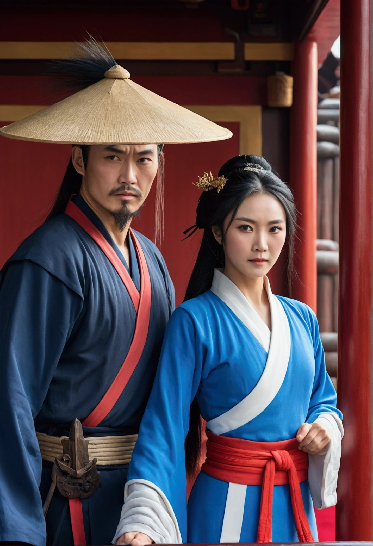 from the front of a chine man with a rice hat, half of his face was covered, she was wearing a blue wuxia dress. with two swords stored on his back, along with a woman with long black hair wearing blue Chinese clothes with a white stripe on the side, on a large ship and a ship captain and navigator beside him, pointing towards the sky, night background, 8k high quality detailed, epic fantasy style, Highly detailed 4K digital art